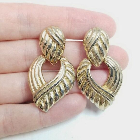 Vintage Gold Tone Door Knocker Dangle Stud Earrings Retro 80s 90s Style, Estate - Picture 5 of 6